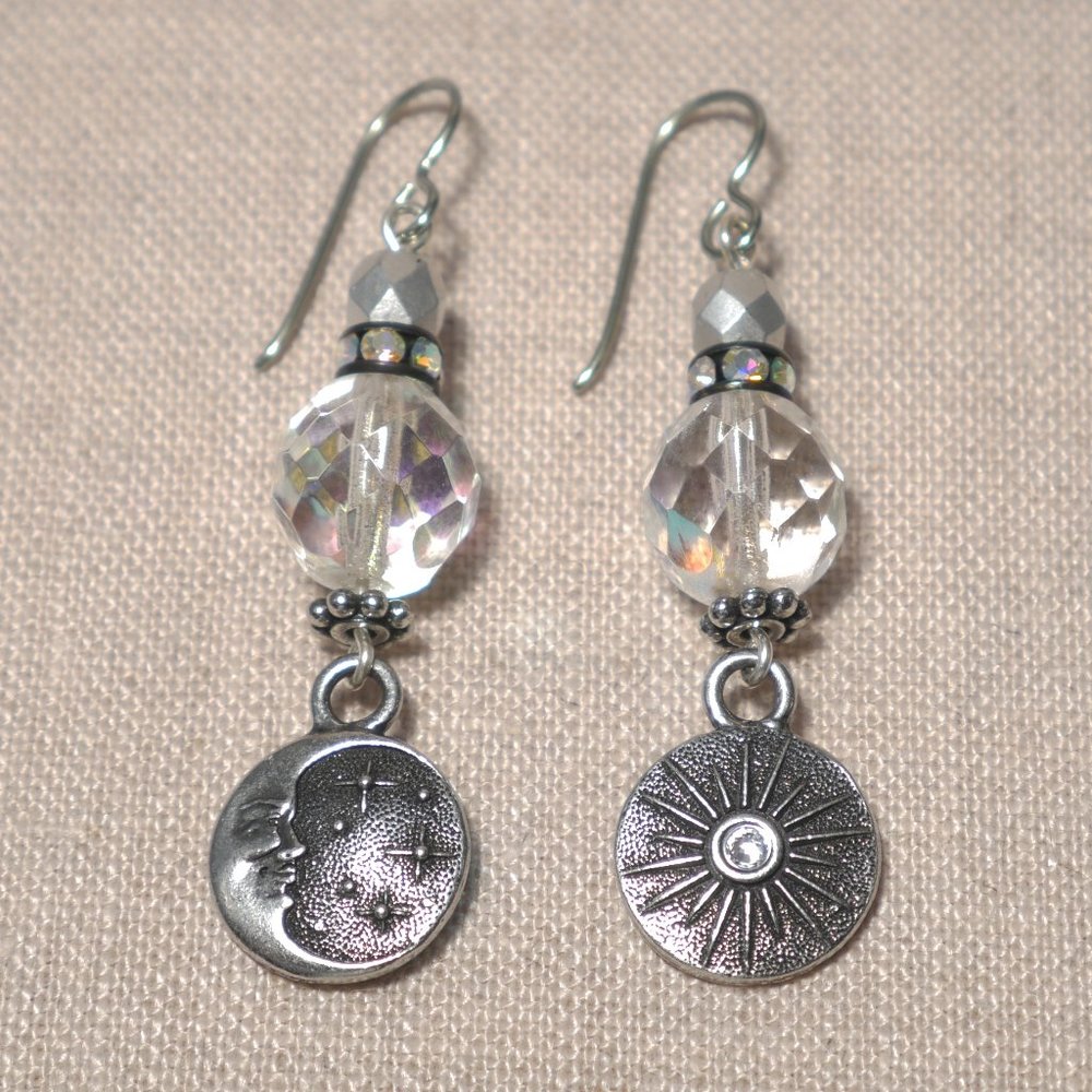 Hand Crafted Handmade Earrings Iridescent Moon & Stars Pewter Long Earri…